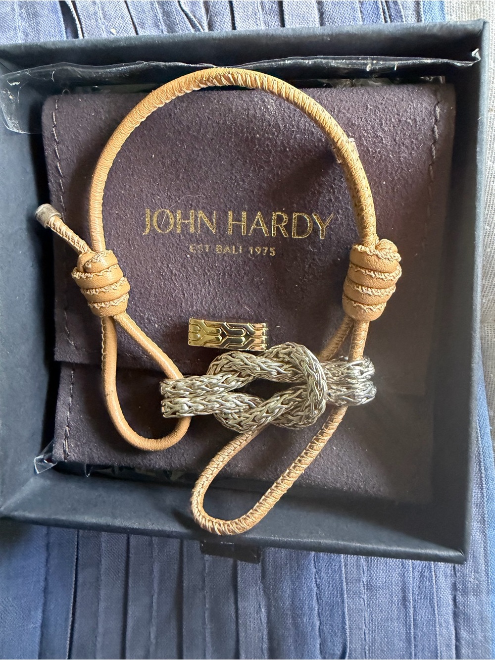 John Hardy Silver Braided Knot Bracelet with Beige Leather